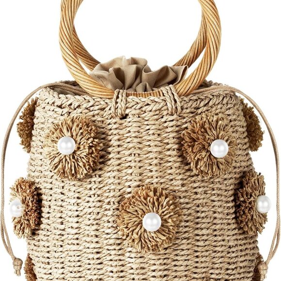 Summer Straw Tote Bag Women Beach Drawstring Rattan Handbag Pearl Flower - Picture 1 of 6